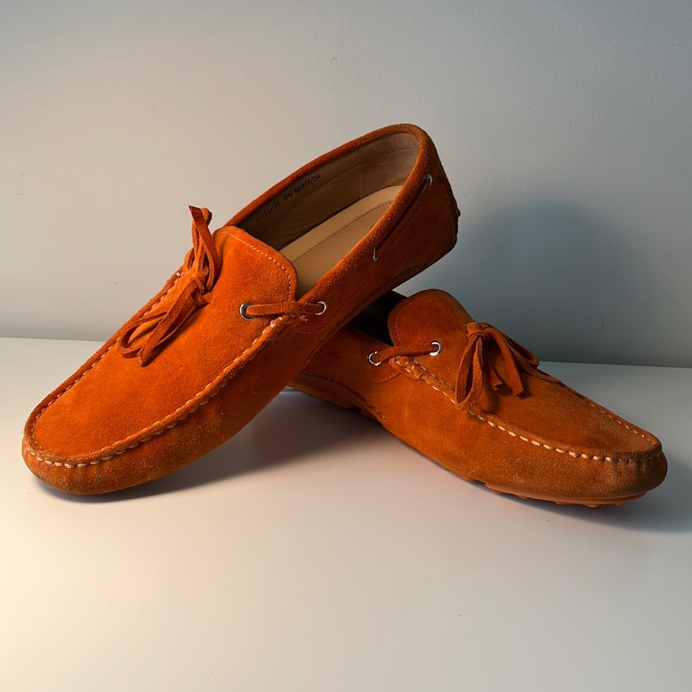 Bally Men’s size 12 shoes. Orange suede. Rubber bottom with Bally Y pattern.